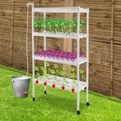 Hydroponisk dyrkningssæt - Plantehylde - 108 Plantepladser - Pumpe & Hjul - Hul Ø32 mm - 89×36×144 cm - EU/US-stik - Hvid