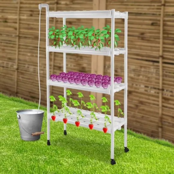Hydroponisk dyrkningssæt - Plantehylde - 108 Plantepladser - Pumpe & Hjul - Hul Ø32 mm - 89×36×144 cm - EU/US-stik - Hvid