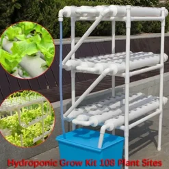 Hydroponisk dyrkningssæt - 3-lags system - 108 plantehuller - PVC-U - Rør Ø 6,3 cm - Hul Ø 3,2 cm - Slange 1,2 m - Hvid