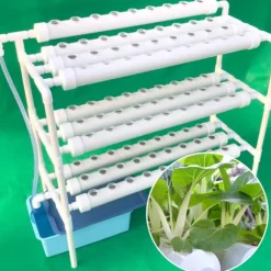 Hydroponisk dyrkningssæt - 3-lags system - 108 plantehuller - PVC-U - Rør Ø 6,3 cm - Hul Ø 3,2 cm - Slange 1,2 m - Hvid