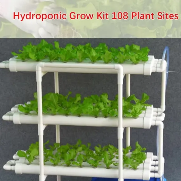 Hydroponisk dyrkningssæt - 3-lags system - 108 plantehuller - PVC-U - Rør Ø 6,3 cm - Hul Ø 3,2 cm - Slange 1,2 m - Hvid