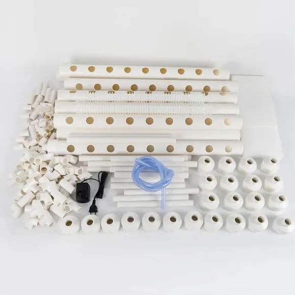 Hydroponisk dyrkningssæt - 3-lags system - 108 plantehuller - PVC-U - Rør Ø 6,3 cm - Hul Ø 3,2 cm - Slange 1,2 m - Hvid