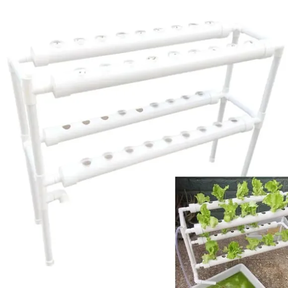 Hydroponisk dyrkningssæt - System med 36 huller - To lag - Huldiameter 32 mm - Pumpe 220V/50Hz - Til altan - Vandtank medfølger ikke - Lysegrå