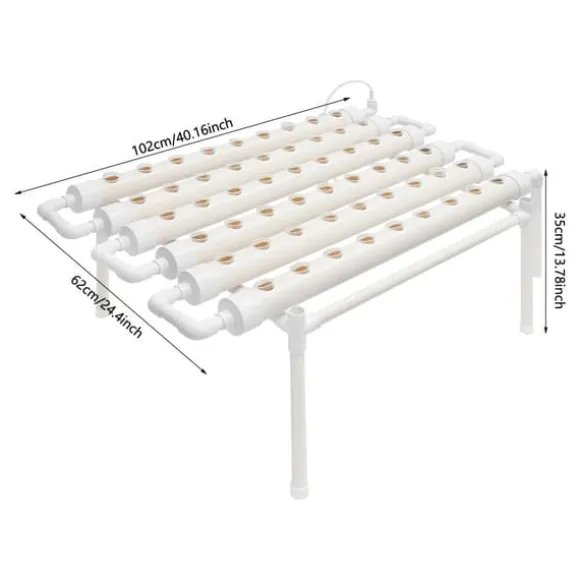 Hydroponisk dyrkningssæt - 1-lags rørsystem - 54 plantepladser - PVC-U - Rør Ø 6,3 cm, Hul Ø 3,2 cm - Vandsparende - Lysegrå