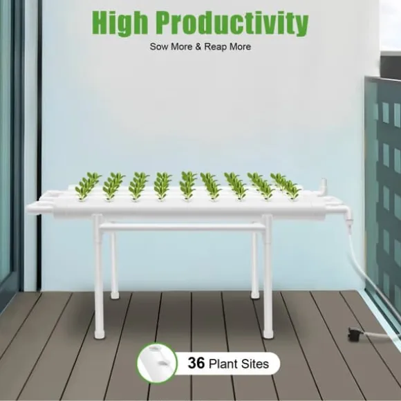 Hydroponisk dyrkningssæt - 1-lags rørsystem - 54 plantepladser - PVC-U - Rør Ø 6,3 cm, Hul Ø 3,2 cm - Vandsparende - Lysegrå