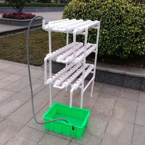 Hydroponisk dyrkningssæt - Rørsystem til planter - 90 plantehuller - 3 lag - PVC-U - Rør Ø 6,3 cm - Hul Ø 3,2 cm - Lysegrå