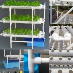 Hydroponisk dyrkningssæt - Rørsystem til planter - 90 plantehuller - 3 lag - PVC-U - Rør Ø 6,3 cm - Hul Ø 3,2 cm - Lysegrå