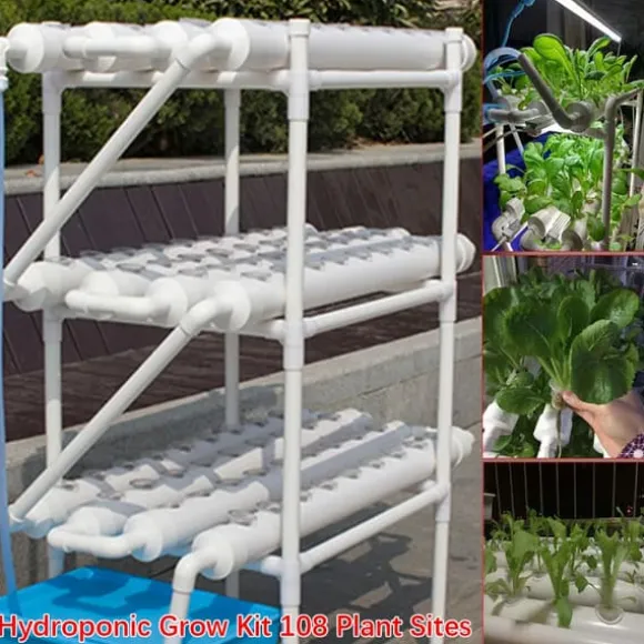 Hydroponisk dyrkningssæt - Rørsystem til planter - 90 plantehuller - 3 lag - PVC-U - Rør Ø 6,3 cm - Hul Ø 3,2 cm - Lysegrå