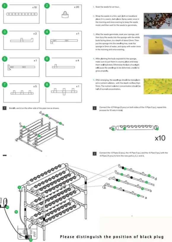 Hydroponisk dyrkningssæt - Rørsystem til planter - 90 plantehuller - 3 lag - PVC-U - Rør Ø 6,3 cm - Hul Ø 3,2 cm - Lysegrå