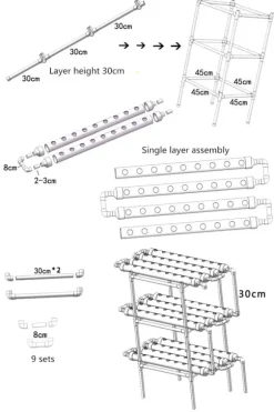 Hydroponisk dyrkningssæt - Rørsystem til planter - 90 plantehuller - 3 lag - PVC-U - Rør Ø 6,3 cm - Hul Ø 3,2 cm - Lysegrå