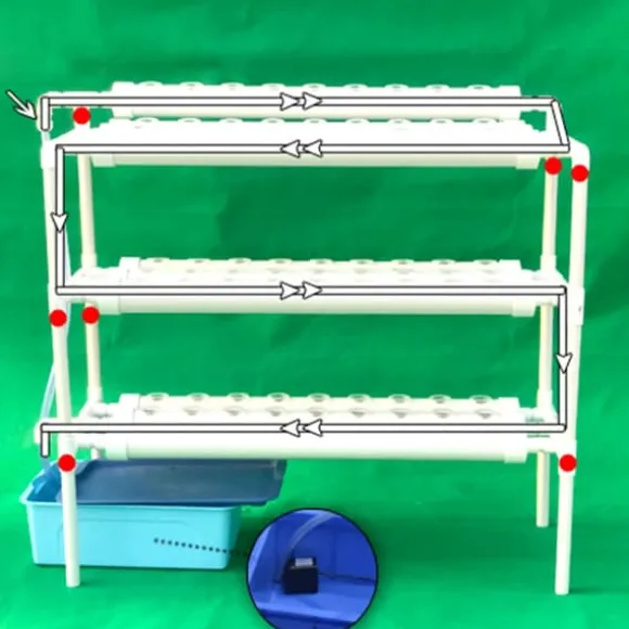 Hydroponisk dyrkningssæt - Rørsystem til planter - 90 plantehuller - 3 lag - PVC-U - Rør Ø 6,3 cm - Hul Ø 3,2 cm - Lysegrå