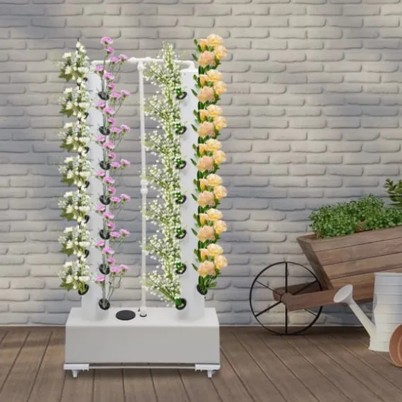 Hydroponisk dyrkningssæt - Vertikalt plantetårn - 56 huller - Vandpumpe - 30 l tank - EU/US-stik - 80×20×165 cm - Hvid