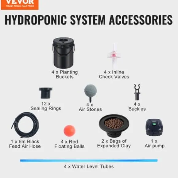 Hydroponisk dyrkningssystem, Deep Water Culture 4 spande, 30x30x38 cm, sort, PP-materiale