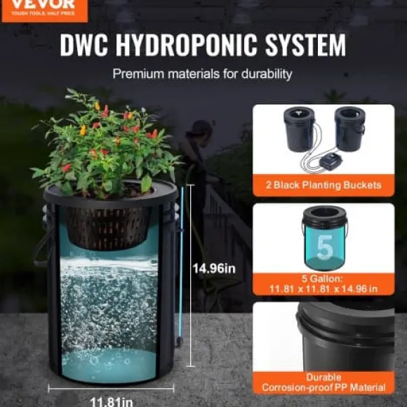 Hydroponisk dyrkningssystem, Deep Water Culture 30x30x38 cm, sort, 2 spande
