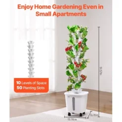 Hydroponisk dyrkningssystem, 50 pods 10 niveauer, 35x35x131 cm, hvid, indendørs have