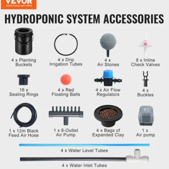 Hydroponisk dyrkningssystem, Deep Water Culture 4 spande 30x30x38 cm, Sort, PP-materiale