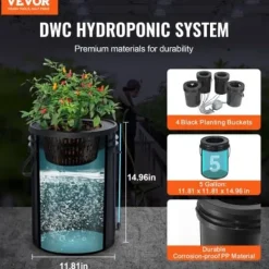 Hydroponisk dyrkningssystem, Deep Water Culture 4 spande 30x30x38 cm, Sort, PP-materiale