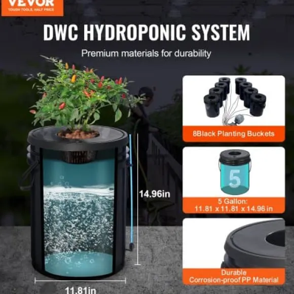 Hydroponisk dyrkningssystem, Deep Water Culture 8 spande, 30x30x38 cm, sort, PP materiale