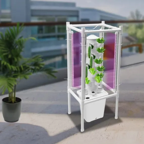 Hydroponisk tårnhave - Indendørs dyrkningssystem - 6 niveauer - 30 plantehuller - 4 LED vækstlys - Selvvandende - Smart - Hvid
