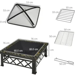 3-i-1 Bålfad, Grill og Iskøler, Gnistbeskyttelse, 76x76x47cm, Sort til Havegrill