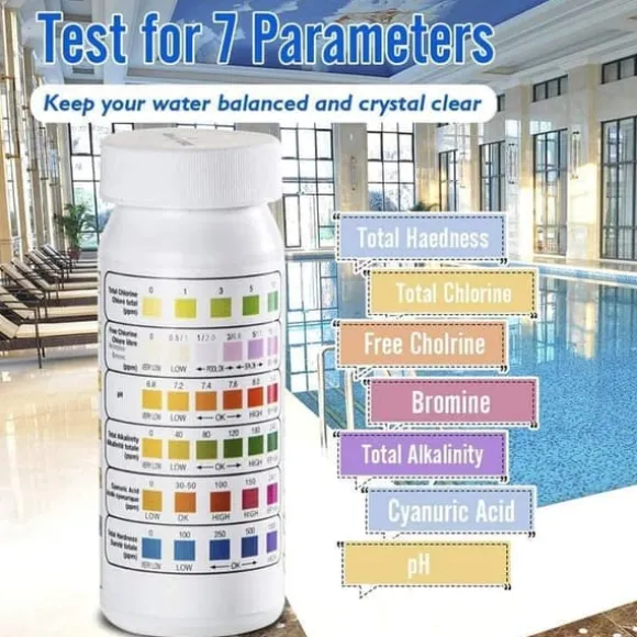 6-i-1 Pool & Spa Teststrimler, Vandtester 50-Pak - pH, Klor, Alkalinitet, Cyanursyre, Hårdhed