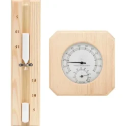 2-i-1 saunasæt med hygrometer og timeglas - Massivt fyrretræ | Farve: Naturlig | Størrelse: 15 min