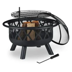 Ildskål med grill og gnistbeskytter, 58x75 cm, sort