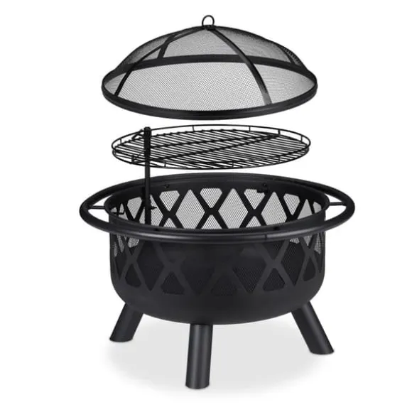 Ildskål med grill og gnistbeskytter, 58x75 cm, sort