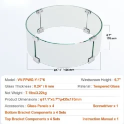 Ilægger til bålfad, 435 x 170 mm rundt glasflammeskjold, 6 mm hærdet glas til propan og gas. Perfekt til udendørs gårdhaver.