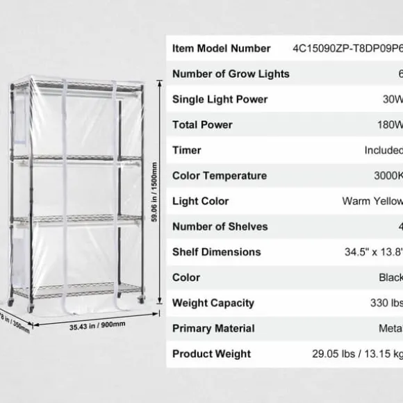 Indendørs drivhus med Grow Light 4 etager, 180W, 59,1, planteregale, optimal belysning, hurtig vækst.