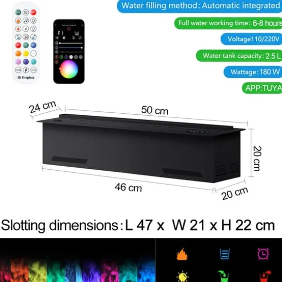 Indendørs elektrisk pejs, miljøvenlig vanddamp, LED flammeeffekt,500mm 19.68in, APP kontrol