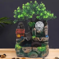 Indendørs fontæne - Bordfontæne vandfald - LED-lys - Harpiks - Str. M - Ca. 1,765 kg - Brun