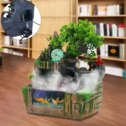 Indendørs fontæne - Bordfontæne med akvarium - LED-belysning - Tågegenerator - Vandfald - 30 x 18 x 33 cm - Harpiks - 220 V - Brun