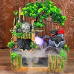 Indendørs fontæne - Bordfontæne med akvarium - LED-belysning - Tågegenerator - Vandfald - 30 x 18 x 33 cm - Harpiks - 220 V - Brun