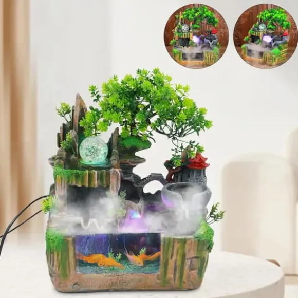 Indendørs fontæne - Bordfontæne med akvarium - LED-belysning - Tågegenerator - Vandfald - 30 x 18 x 33 cm - Harpiks - 220 V - Brun