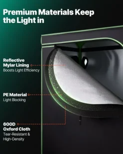Indendørs Grow Telt - Plantetelt - Mål 120 x 60 x 180 cm - Højreflekterende Mylar 600D - Observationsvindue - Aftagelig Gulvbakke - Tætte Lynlåse