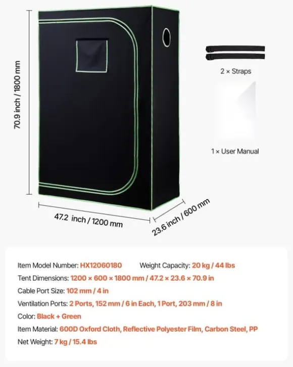 Indendørs Grow Telt - Plantetelt - Mål 120 x 60 x 180 cm - Højreflekterende Mylar 600D - Observationsvindue - Aftagelig Gulvbakke - Tætte Lynlåse