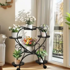 Indendørs Udendørs Planteholder, Hjerteformet Design, 6 Potte Kapacitet, Metal Konstruktion,sort
