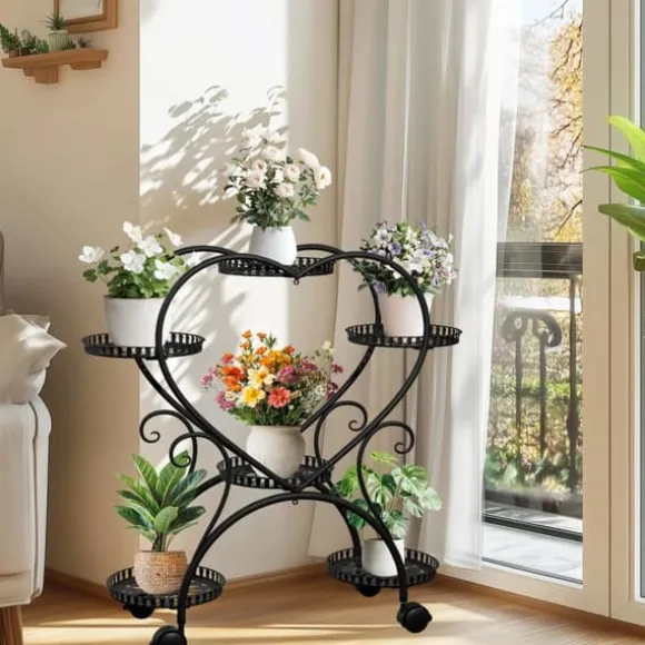 Indendørs Udendørs Planteholder, Hjerteformet Design, 6 Potte Kapacitet, Metal Konstruktion,sort