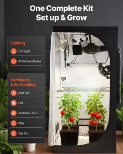 Indendørs væksttelt - Plantetelt sæt - 100 x 100 x 200 cm - Fuldspektret LED-vækstlys - Ventilationssystem - 600D Mylar - Til blomster og grøntsager | CDON