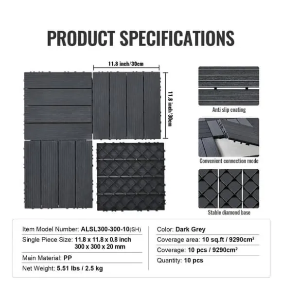 Interlocking Deck Fliser 10-Pak, 30x30 cm, Mørkegrå Plast til Terrasse, Holdbar og Vejrbestandig.