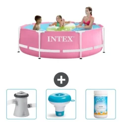 Intex Round Frame Swimming Pool - 244 x 76 cm - Pink - Inkluderet tilbehør CB77