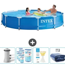 Intex Round Frame Swimming Pool - 366 x 76 cm - Blå - Inklusive Tilbehør CB86