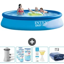 Intex rund oppustelig let sæt swimmingpool - 396 x 84 cm - Blå - Inklusive Tilbehør CB86