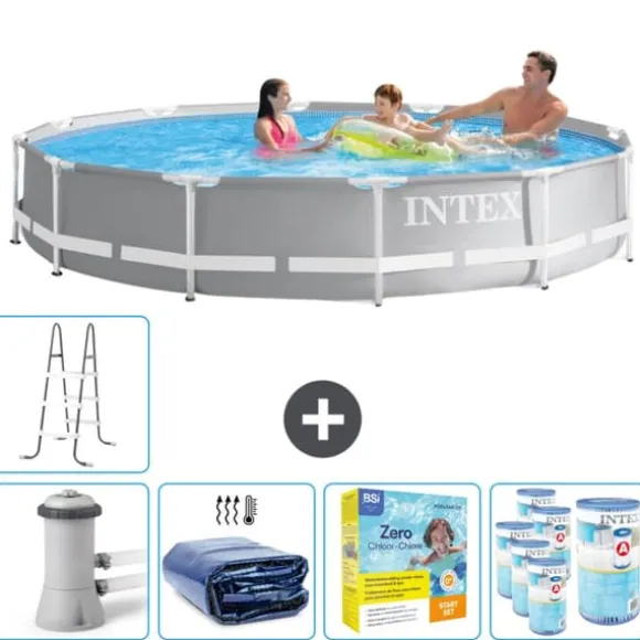 Intex svømmebassin med rund prismeramme - 366 x 76 cm - Grå - Inklusive Tilbehør CB27