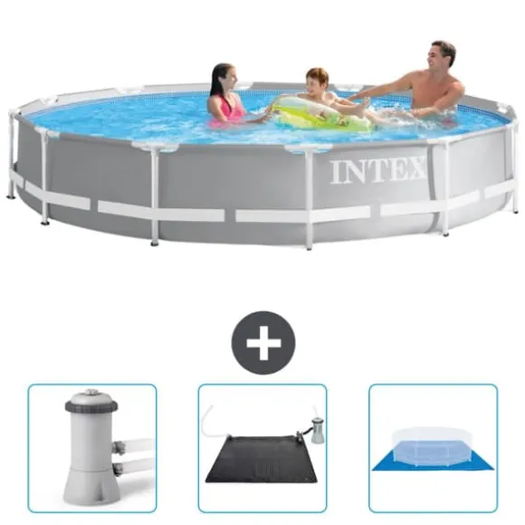 Intex svømmebassin med rund prismeramme - 366 x 76 cm - Grå - Inkluderet tilbehør CB79