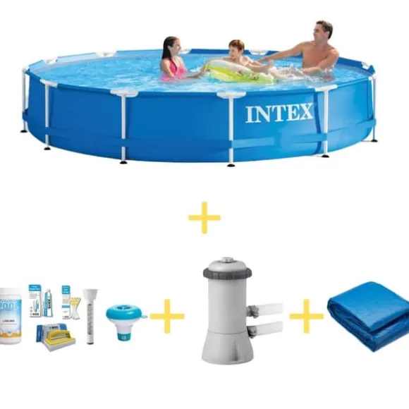 Intex swimmingpool - metalramme - 366 x 76 cm - WAYS vedligeholdelsespakke, filterpumpe og jordklud