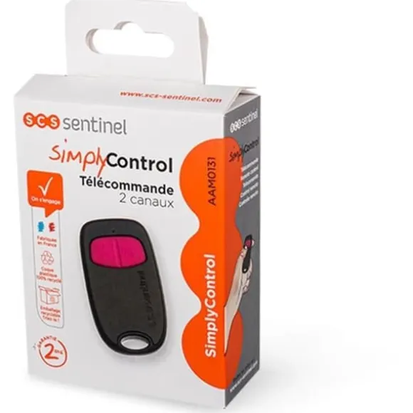 2-kanals fjärrkontroll - SCS SENTINEL - SimplyControl - Fuchsia, räckvidd 40m, frekvens 433,92 MHz, CR2032 litiumbatteri ingår