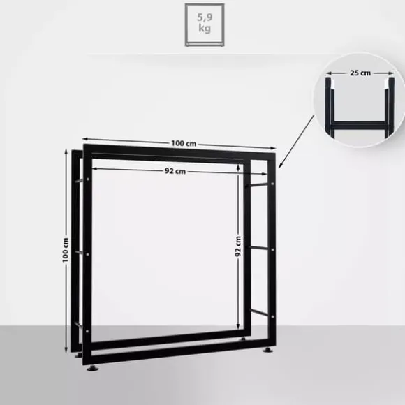 Keri V2 Firewood Rack - Black Metal, 25x100x100 cm - Stable Indoor Wood Storage with Crossbars