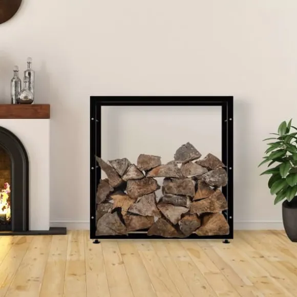 Keri V2 Firewood Rack - Black Metal, 25x100x100 cm - Stable Indoor Wood Storage with Crossbars